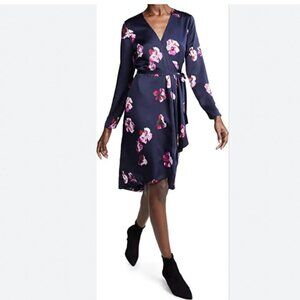 JOIE MILTONA NAVY SATIN PINK FLORAL SHORT SLEEVE WRAP DRESS - XS